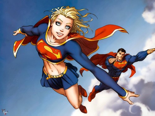 Supergirl and Superman Flying