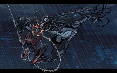 spider-man vs venom in the rain