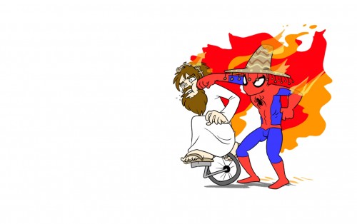 somberro wearing spider-man punches jesus on a unicycle