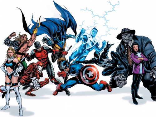 90s heroes – invisible woman, aquaman, iron man, daredevil, batman, captain america, electric superman, spider-man, grey hulk, unknown