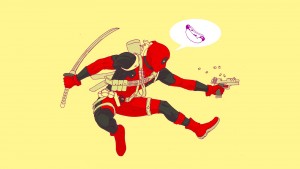 Deadpool shooting and talking about hot dogs