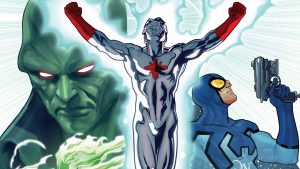 atom, blue beetle and martian manhunter