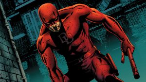 Daredevil holding his bloody billy club