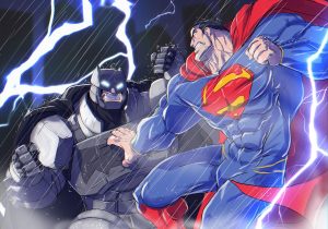 Superman vs Batman in the rain