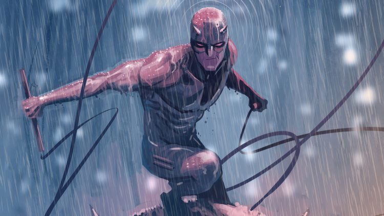 Daredevil in the rain with a smirk