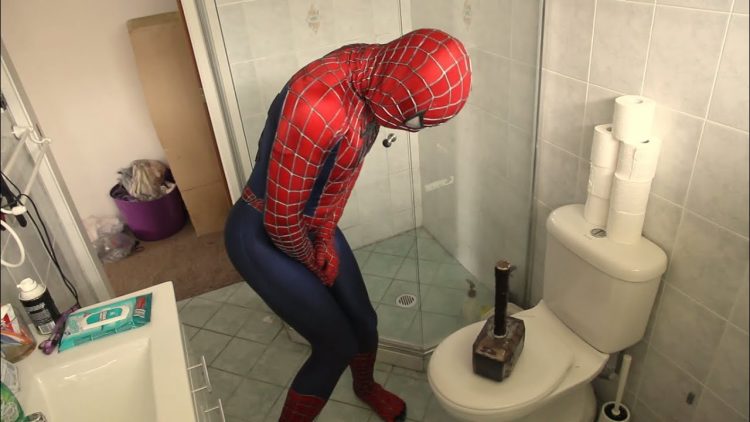 spider-man can’t pee in a toilet because thor left his hammer on the toilet