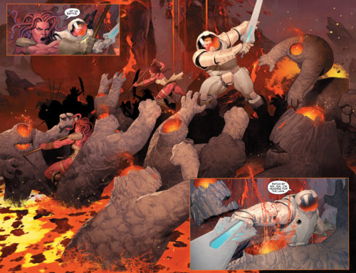 Flash Thompson fighting Lava Monsters from Venom Space Knight #3