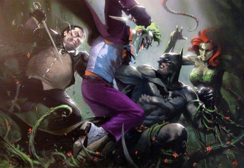 batman being attacked by the joker whilst poison ivy is holding him down and the penguin gets all stabby