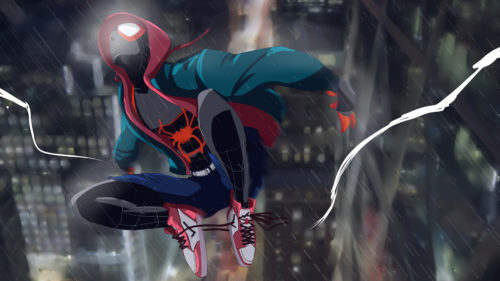 spider-miles is electric and needs to tie his shoes