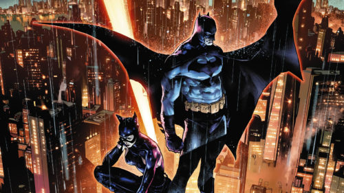 Batman and Catwoman in the rain