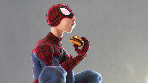 spider-man eating a handburger