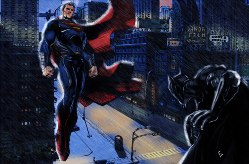 superman meeting batman in the rain