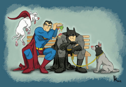 Superman dripping food on Batman