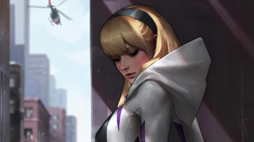 spider-gwen hiding from horrorcoptor