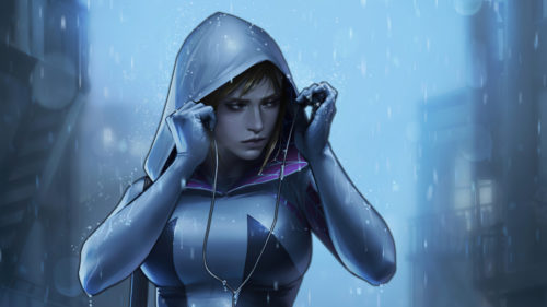 Spider-Gwen in the rain with music