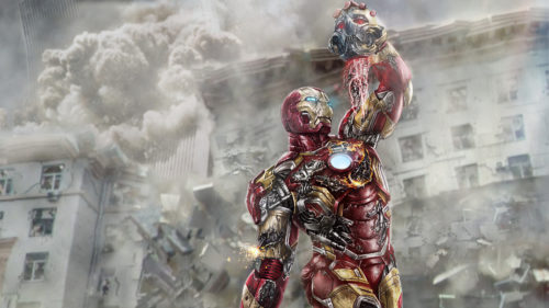 iron man fighting apolocypse robot in city destruction