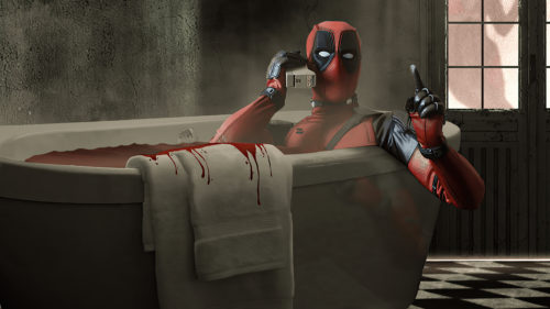 Deadpool in a bathtub full of blood
