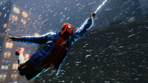 spider-man swings in the snow