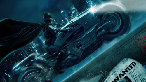 Batman going up a building on a motorcycle