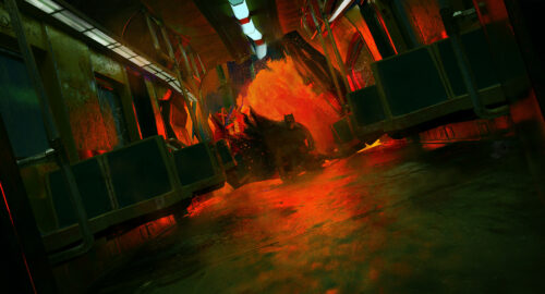 Batman in a wrecked subway car