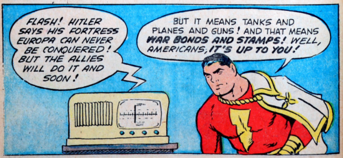A reminder to buy War Bonds and War Stamps from Captain Marvel in Captain Marvel Adventures #30, Dec 1943
