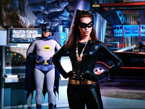 Adam West (Batman) and Julie Newmar (Catwoman) in the “Batman” episode ‘Scat! Darn Catwoman’, which originally aired on January 25, 1967.